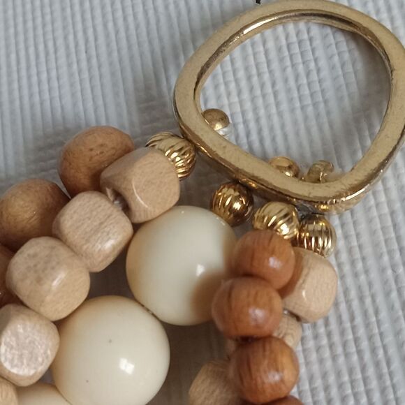 Vintage Tan & Beige Wooden & Metal Beads Multi Strand Layered Statement Necklace - Picture 7 of 9